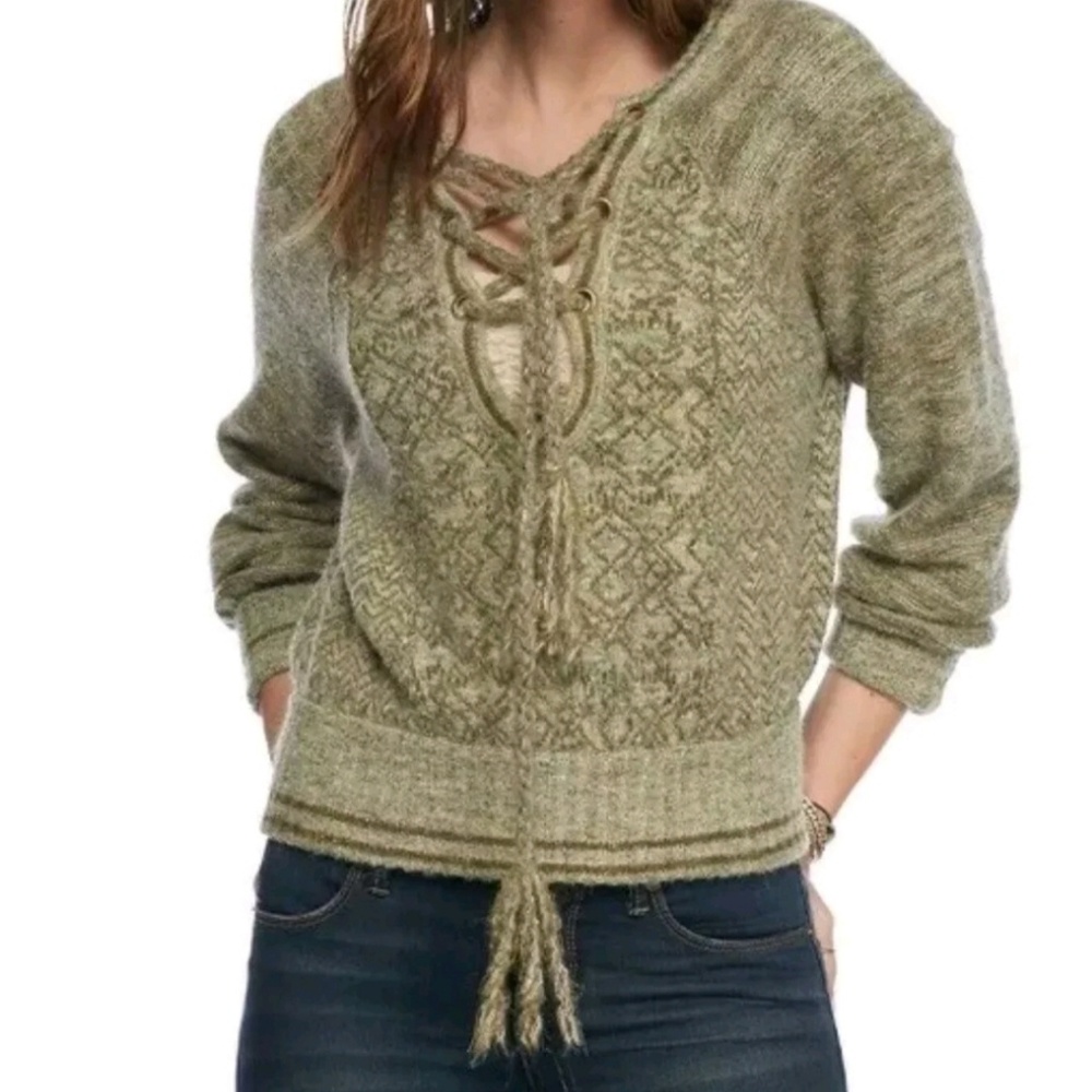 NWT- Free People Hoops and Hollas Lace-Up Knit Sweater Moss Green